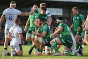26 August 2022; Conor Oliver of Connacht is congratulated by teammate after scoring their side's first try during the Pre-season Friendly match between Connacht and Sale Sharks at Dubarry Park in Athlone, Westmeath. Photo by Brendan Moran/Sportsfile