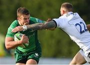 26 August 2022; Tom Farrell of Connacht is tackled by Sam Dugdale of Sale Sharks during the Pre-season Friendly match between Connacht and Sale Sharks at Dubarry Park in Athlone, Westmeath. Photo by Brendan Moran/Sportsfile