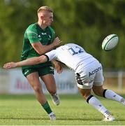 26 August 2022; Conor Fitzgerald of Connacht offloads as he is tackled by Connor Doherty of Sale Sharks during the Pre-season Friendly match between Connacht and Sale Sharks at Dubarry Park in Athlone, Westmeath. Photo by Brendan Moran/Sportsfile