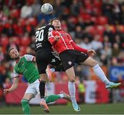 26 August 2022; Cork City goalkeeper Jimmy Corcoran collides with Ryan Graydon of Derry City, resulting in a Derry City penalty, during the Extra.ie FAI Cup second round match between Derry City and Cork City at the Ryan McBride Brandywell Stadium in Derry. Photo by Ramsey Cardy/Sportsfile