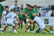 26 August 2022; Conor Oliver of Connacht is tackled by Jean-Luc du Preez of Sale Sharks during the Pre-season Friendly match between Connacht and Sale Sharks at Dubarry Park in Athlone, Westmeath. Photo by Brendan Moran/Sportsfile