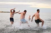 26 August 2022; Leinster players, from left, Ryan Baird, Ed Byrne and Jack Conan during a swim on day two of the Leinster Rugby 12 Counties Tour at Brittas Bay in Wicklow. Photo by Harry Murphy/Sportsfile
