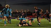 26 August 2022; Ruadhan Quinn of Munster goes over to score a try for his side during the Pre-season Friendly match between Munster and Gloucester at Musgrave Park in Cork. Photo by Eóin Noonan/Sportsfile