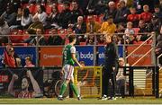 26 August 2022; Ruairi Keating of Cork City speaks to Cork City manager Colin Healy after being shown a red card during the Extra.ie FAI Cup second round match between Derry City and Cork City at the Ryan McBride Brandywell Stadium in Derry. Photo by Ramsey Cardy/Sportsfile