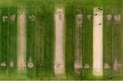 27 August 2022; An aerial view of the wicket before the Clear Currency Irish Senior Cup Final match between Lisburn and CIYMS at Bready Cricket Club in Bready, Tyrone. Photo by Ramsey Cardy/Sportsfile
