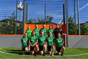 27 August 2022; The Republic of Ireland team, back row from left, assistant coach Mary Byrne, Hayleigh Power, Chentel Pearse, Chloe Kenna and manager Graham Tucker. Front row from left, Laura Hughes, Amy McCormack, Marion Byrne, Serena Hill and Lauren Cunningham before a Republic of Ireland Women's Street League training at St Catherine's Community Sports Centre in Dublin. Photo by Ben McShane/Sportsfile