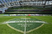 27 August 2022; A general view of event branding on the pitch before the Aer Lingus College Football Classic 2022 match between Northwestern Wildcats and Nebraska Cornhuskers at Aviva Stadium in Dublin. Photo by Brendan Moran/Sportsfile