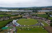 27 August 2022; An aerial view during the Clear Currency Irish Senior Cup Final match between Lisburn and CIYMS at Bready Cricket Club in Bready, Tyrone. Photo by Ramsey Cardy/Sportsfile