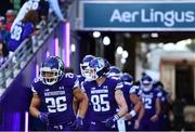 27 August 2022; Northwestern Wildcats running back Evan Hull runs out before the Aer Lingus College Football Classic 2022 match between Northwestern Wildcats and Nebraska Cornhuskers at Aviva Stadium in Dublin. Photo by Ben McShane/Sportsfile