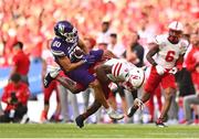 27 August 2022; Northwestern Wildcats wide receiver Donny Navarro III, left, collides with Nebraska Cornhuskers wide receiver Decoldest Crawford after making an interception during the Aer Lingus College Football Classic 2022 match between Northwestern Wildcats and Nebraska Cornhuskers at Aviva Stadium in Dublin. Photo by Ben McShane/Sportsfile