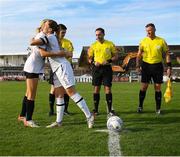27 August 2022; Bohemians captain Erica Burke and Wexford Youths captain Kylie Murphy before the SSE Airtricity Women's National League match between Bohemians and Wexford Youths at Dalymount Park in Dublin. Photo by Tyler Miller/Sportsfile