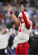 27 August 2022; Nebraska Cornhuskers quarterback Casey Thompson celebrates a touchdown, scored by teammate Anthony Grant, not pictured, during the Aer Lingus College Football Classic 2022 match between Northwestern Wildcats and Nebraska Cornhuskers at Aviva Stadium in Dublin. Photo by Brendan Moran/Sportsfile