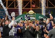 27 August 2022; Northwestern Wildcats head coach Pat Fitzgerald lifts the trophy after his side's victory in the Aer Lingus College Football Classic 2022 match between Northwestern Wildcats and Nebraska Cornhuskers at Aviva Stadium in Dublin. Photo by Brendan Moran/Sportsfile