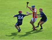 27 August 2022; Seán Moran of Cuala in action against Padraig McNulty, left, and Jesse Kennedy of St Jude's during the Go Ahead Dublin County Senior Club Hurling Championship Group 1 match between St Jude's and Cuala at Parnell Park in Dublin. Photo by Piaras Ó Mídheach/Sportsfile
