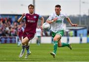 28 August 2022; Andy Lyons of Shamrock Rovers in action against Andrew Quinn of Drogheda United during the Extra.ie FAI Cup second round match between Drogheda United and Shamrock Rovers at Head in the Game Park in Drogheda, Louth. Photo by Ben McShane/Sportsfile