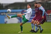 28 August 2022; Sean Gannon of Shamrock Rovers in action against Gary Deegan, centre, and Evan Weir of Drogheda United during the Extra.ie FAI Cup second round match between Drogheda United and Shamrock Rovers at Head in the Game Park in Drogheda, Louth. Photo by Ben McShane/Sportsfile