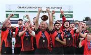 28 August 2022; North County captain Eddie Richardson lifts the cup alongside his teammates after their side's victory the Clear Currency National Cup Final match between North County and Terenure at Leinster Cricket Club in Dublin. Photo by Piaras Ó Mídheach/Sportsfile