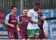 28 August 2022; Drogheda United players approach Aidomo Emakhu of Shamrock Rovers after a foul during the Extra.ie FAI Cup second round match between Drogheda United and Shamrock Rovers at Head in the Game Park in Drogheda, Louth. Photo by Ben McShane/Sportsfile