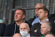 25 August 2022; Former Republic of Ireland international Richard Dunne, left, and Vinny Perth before the UEFA Europa League Play-Off Second Leg match between Shamrock Rovers and Ferencvaros at Tallaght Stadium in Dublin. Photo by Seb Daly/Sportsfile