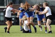 27 August 2022; Orla Wafer of Leinster is tackled by Sadhbh McGrath of Ulster during the U18 Girls Interprovincial match between Ulster and Leinster at Newforge Country Club in Belfast. Photo by John Dickson/Sportsfile