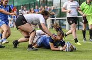 27 August 2022; Eva Sterritt of Leinster scores a try during the U18 Girls Interprovincial match between Ulster and Leinster at Newforge Country Club in Belfast. Photo by John Dickson/Sportsfile