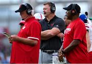 27 August 2022; Nebraska Cornhuskers head coach Scott Frost, centre, with offensive co-ordinator Mark Whipple, left, and assistant coach - tight ends Sean Beckton during the Aer Lingus College Football Classic 2022 match between Northwestern Wildcats and Nebraska Cornhuskers at Aviva Stadium in Dublin. Photo by Brendan Moran/Sportsfile