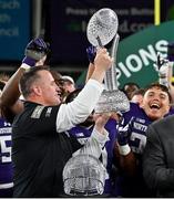 27 August 2022; Northwestern Wildcats head coach Pat Fitzgerald lifts the trophy after the Aer Lingus College Football Classic 2022 match between Northwestern Wildcats and Nebraska Cornhuskers at Aviva Stadium in Dublin. Photo by Brendan Moran/Sportsfile