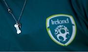 29 August 2022; A detailed view of a necklace worn by Jess Ziu during a Republic of Ireland Women media day at Castleknock Hotel in Dublin. Photo by Stephen McCarthy/Sportsfile