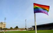 29 August 2022; A view of a corner flag with the pride colours before the SSE Airtricity League Premier Division match between Bohemians and St Patrick's Athletic at Dalymount Park in Dublin. Photo by Eóin Noonan/Sportsfile