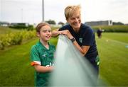 29 August 2022; FAI guest Zara Foley, age 10, from Ballinteer, Dublin, with manager Vera Pauw during a Republic of Ireland Women training session at the FAI National Training Centre in Abbotstown, Dublin. Photo by Stephen McCarthy/Sportsfile