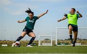 29 August 2022; Áine O'Gorman, left, and Jess Ziu during a Republic of Ireland Women training session at the FAI National Training Centre in Abbotstown, Dublin. Photo by Stephen McCarthy/Sportsfile
