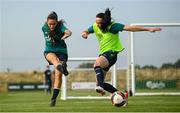 29 August 2022; Jess Ziu and Áine O'Gorman, right, during a Republic of Ireland Women training session at the FAI National Training Centre in Abbotstown, Dublin. Photo by Stephen McCarthy/Sportsfile