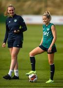 29 August 2022; Denise O'Sullivan and StatSports technician Niamh McDaid during a Republic of Ireland Women training session at the FAI National Training Centre in Abbotstown, Dublin. Photo by Stephen McCarthy/Sportsfile