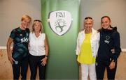 29 August 2022; Former Republic of Ireland internationals Linda Gorman, second from left, and Paula Gorham are welcomed to the Republic of Ireland Women's team hotel, Castleknock Hotel in Dublin, by manager Vera Pauw, left, and captain Katie McCabe. Photo by Stephen McCarthy/Sportsfile