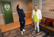 29 August 2022; Former Republic of Ireland internationals Paula Gorham, pictured, and Linda Gorman are welcomed to the Republic of Ireland Women's team hotel, Castleknock Hotel in Dublin, by captain Katie McCabe. Photo by Stephen McCarthy/Sportsfile
