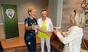 29 August 2022; Former Republic of Ireland internationals Paula Gorham and Linda Gorman, right, are welcomed to the Republic of Ireland Women's team hotel, Castleknock Hotel in Dublin, by manager Vera Pauw. Photo by Stephen McCarthy/Sportsfile
