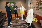 29 August 2022; Former Republic of Ireland internationals Paula Gorham and Linda Gorman, right, are welcomed to the Republic of Ireland Women's team hotel, Castleknock Hotel in Dublin, by captain Katie McCabe and manager Vera Pauw. Photo by Stephen McCarthy/Sportsfile