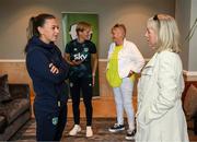 29 August 2022; Former Republic of Ireland internationals Paula Gorham and Linda Gorman, right, are welcomed to the Republic of Ireland Women's team hotel, Castleknock Hotel in Dublin, by captain Katie McCabe and manager Vera Pauw. Photo by Stephen McCarthy/Sportsfile
