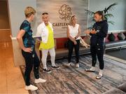 29 August 2022; Former Republic of Ireland internationals Paula Gorham, second from left, and Linda Gorman are welcomed to the Republic of Ireland Women's team hotel, Castleknock Hotel in Dublin, by manager Vera Pauw, left, and captain Katie McCabe. Photo by Stephen McCarthy/Sportsfile