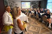 29 August 2022; Former Republic of Ireland internationals Paula Gorham, left, and Linda Gorman are welcomed to the Republic of Ireland Women's team hotel, Castleknock Hotel in Dublin. Photo by Stephen McCarthy/Sportsfile