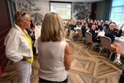 29 August 2022; Former Republic of Ireland internationals Paula Gorham, left, and Linda Gorman are welcomed to the Republic of Ireland Women's team hotel, Castleknock Hotel in Dublin. Photo by Stephen McCarthy/Sportsfile