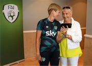 29 August 2022; Former Republic of Ireland internationals Paula Gorham, pictured, and Linda Gorman are welcomed to the Republic of Ireland Women's team hotel, Castleknock Hotel in Dublin, by manager Vera Pauw. Photo by Stephen McCarthy/Sportsfile