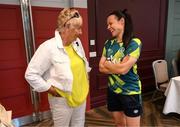 29 August 2022; Former Republic of Ireland internationals Paula Gorham, pictured, and Linda Gorman are welcomed to the Republic of Ireland Women's team hotel, Castleknock Hotel in Dublin, by Áine O'Gorman. Photo by Stephen McCarthy/Sportsfile