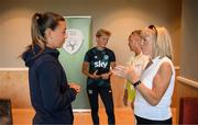 29 August 2022; Former Republic of Ireland internationals Paula Gorham and Linda Gorman, right, are welcomed to the Republic of Ireland Women's team hotel, Castleknock Hotel in Dublin, by captain Katie McCabe and manager Vera Pauw. Photo by Stephen McCarthy/Sportsfile