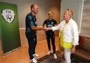 29 August 2022; Former Republic of Ireland internationals Paula Gorham, pictured, and Linda Gorman are welcomed to the Republic of Ireland Women's team hotel, Castleknock Hotel in Dublin, by manager Vera Pauw and goalkeeper coach Jan Willem van Ede. Photo by Stephen McCarthy/Sportsfile