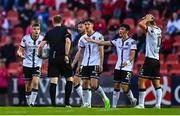 29 August 2022; Dundalk players, from left, Lewis Macari, Andy Boyle, John Martin, Ryan O'Kane and Greg Sloggett react after referee John McLoughlin sent off teammate Darragh Leahy, not pictured, during the SSE Airtricity League Premier Division match between Sligo Rovers and Dundalk at The Showgrounds in Sligo. Photo by Ben McShane/Sportsfile