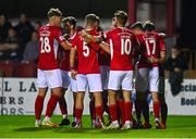 29 August 2022; Sligo Rovers players celebrate their first goal, an own goal scored by Andy Boyle of Dundalk, during the SSE Airtricity League Premier Division match between Sligo Rovers and Dundalk at The Showgrounds in Sligo. Photo by Ben McShane/Sportsfile
