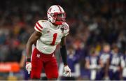 27 August 2022; Nebraska Cornhuskers defensive back Marques Buford Jr during the Aer Lingus College Football Classic 2022 match between Northwestern Wildcats and Nebraska Cornhuskers at Aviva Stadium in Dublin. Photo by Brendan Moran/Sportsfile