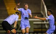 29 August 2022; Ryan Graydon of Derry City celebrates after scoring his side's first, and winning goal, in injury-time of the second half as teammate Michael Duffy, right, and Shelbourne goalkeeper Brendan Clarke, left, look on during the SSE Airtricity League Premier Division match between Shelbourne and Derry City at Tolka Park in Dublin. Photo by Piaras Ó Mídheach/Sportsfile