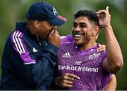 30 August 2022; Malakai Fekitoa, right, and Simon Zebo share a joke during a Munster rugby squad training session at the University of Limerick in Limerick. Photo by Sam Barnes/Sportsfile
